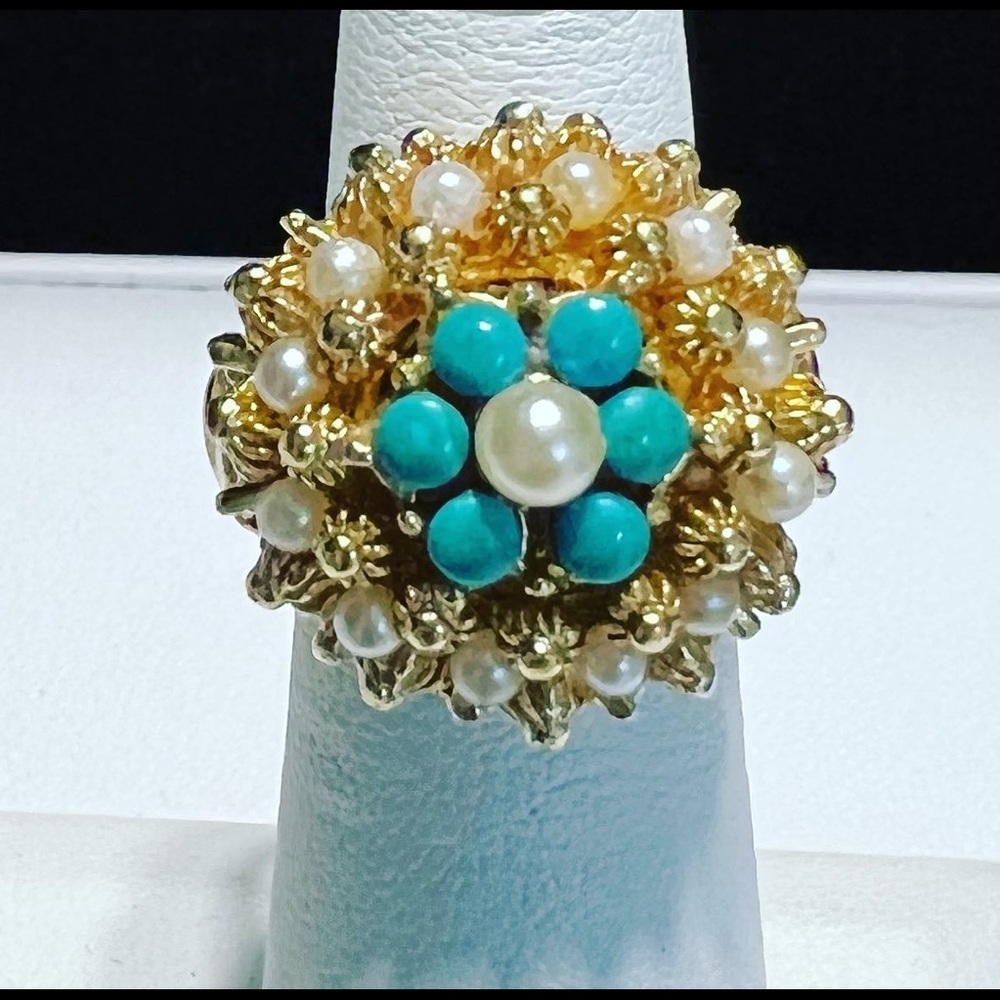 Vintage Vendome Signed Costume Turquoise and Pearl Ring